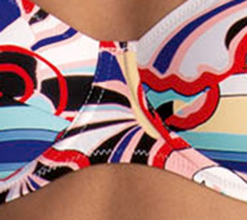 Mens Medium Smooth Front, Wide Strap, Brazilian Bikini shown in red, white  & blue swirls M957B-311LF